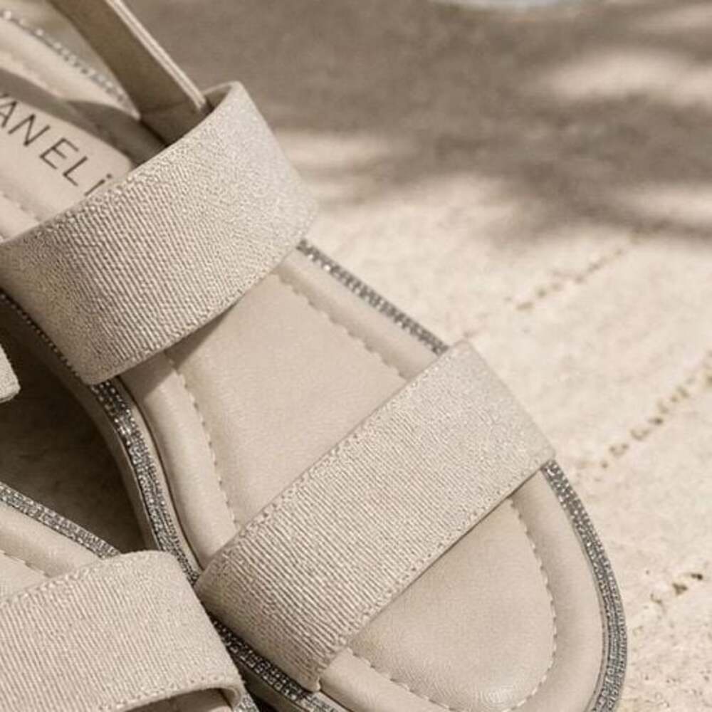 Vaneli Beige Elastic Slingback Sandals with Rhinestone Trim Size 7.5M